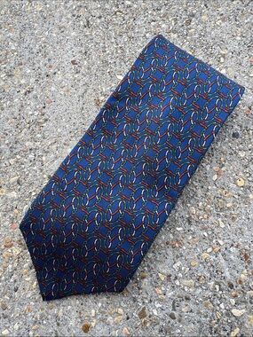 Vintage Saks Fifth Avenue Navy Silk Tie with Red and Green Chain Motif